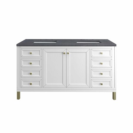 JAMES MARTIN VANITIES Chicago 60in Double Vanity, Glossy White w/ 3 CM Charcoal Soapstone Top 305-V60D-GW-3CSP